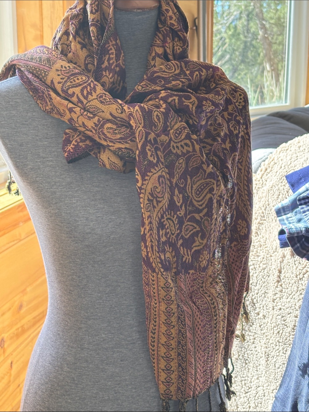 Woven Paisley Fringed Scarf - Burgundy & Mustard